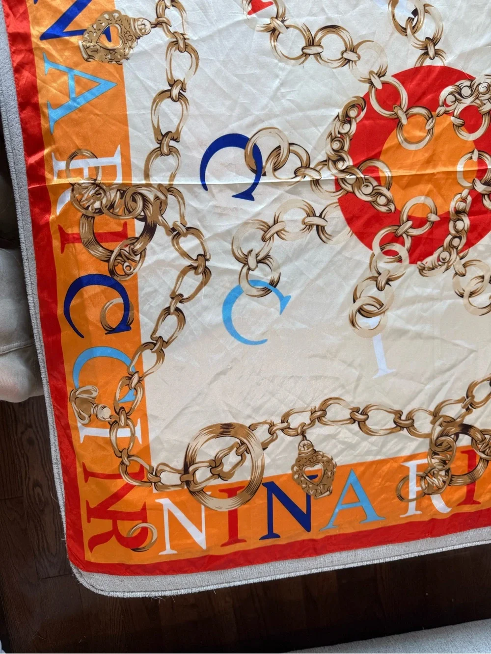 Vintage Nina Ricci Cream, Orange & Red Silk Scarf with Gold Chain Motif